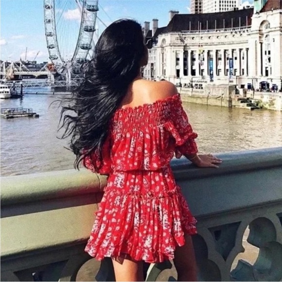 MISA Los Angeles Darla Off the Shoulder Dress Red Paisley - Picture 2 of 16